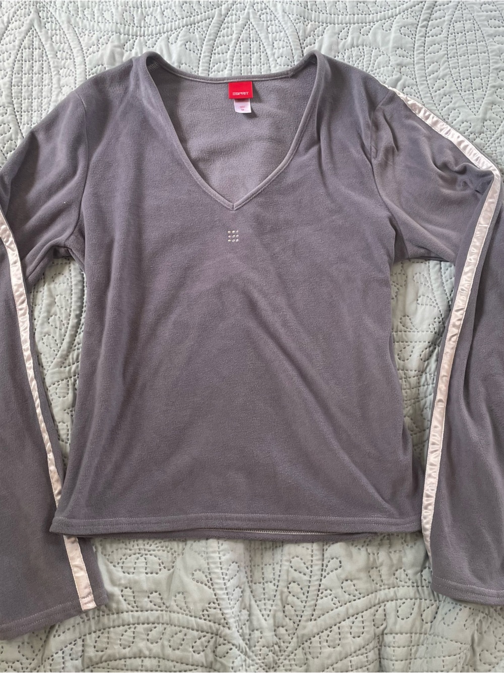 Esprit Grey Fleece V-Neck Top with Satin Trim